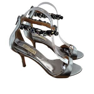 Badgley Mischka Klark Embellished Heels Silver Leather Women's Size 7.5